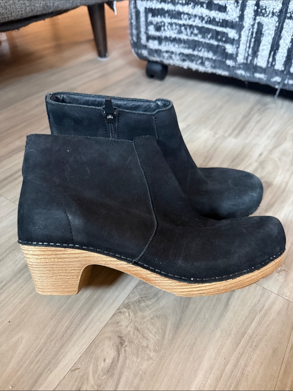 Dansko Lizanne Black Suede Ankle Booties with Wood-Look Heel